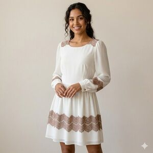 Darling White & Mauve Scalloped Lace Long Sleeve Mini Dress | Size Small